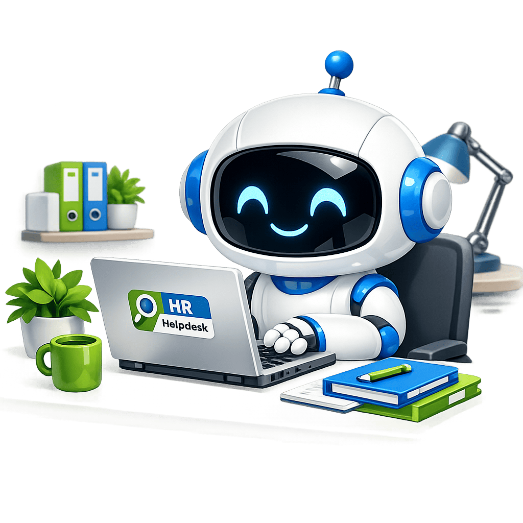 Robot met HR Helpdesk logo, werkplek met boeken, planten en koffie voor HR ondersteuning.