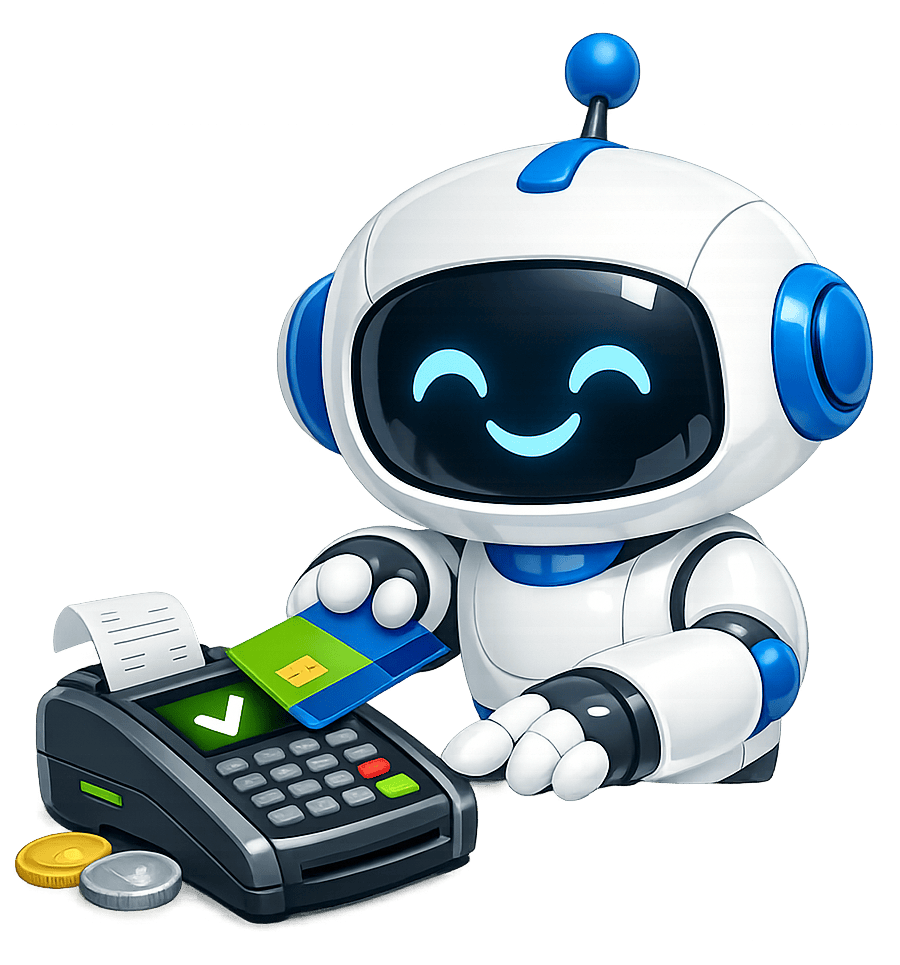 Vriendelijke robot met betaalterminal voor HR diensten.