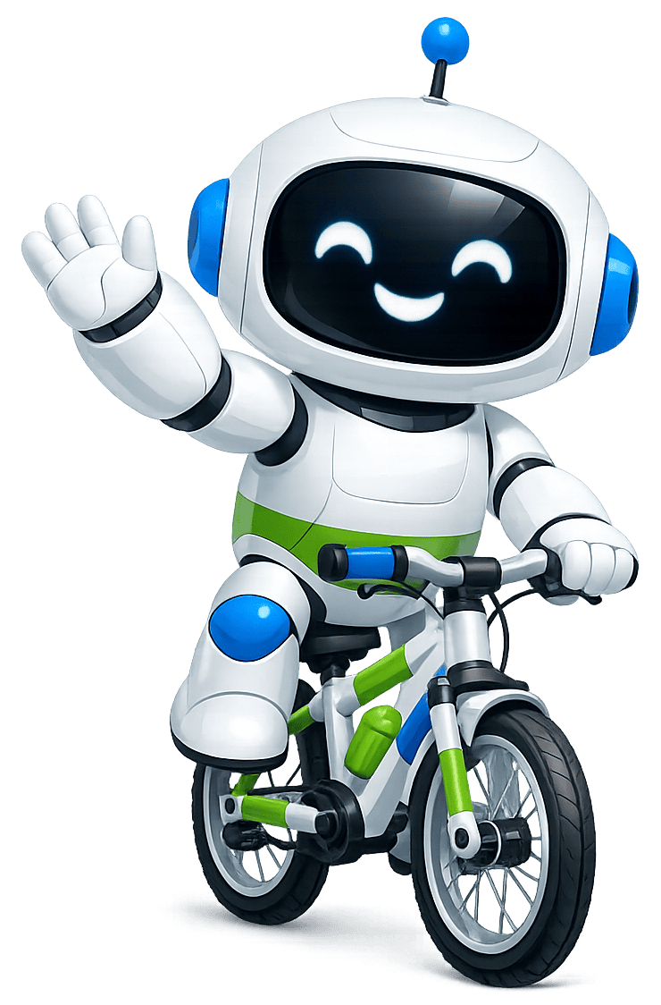Vriendelijke robot op fiets voor HR-helpdesk ondersteuning.