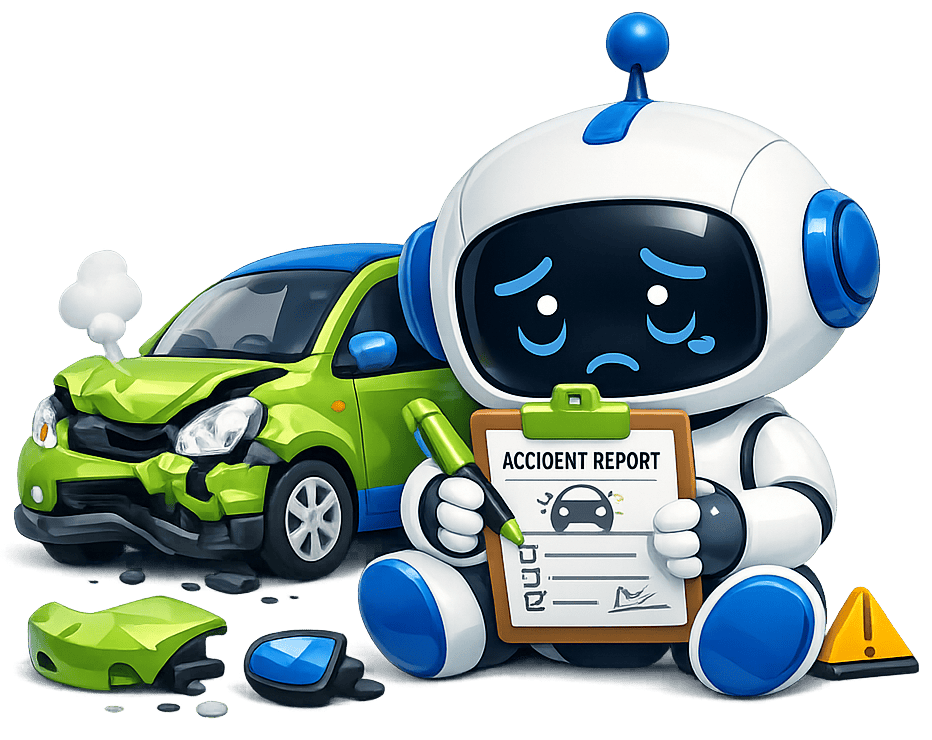 Robot met ongelukrapport en beschadigde groene auto.