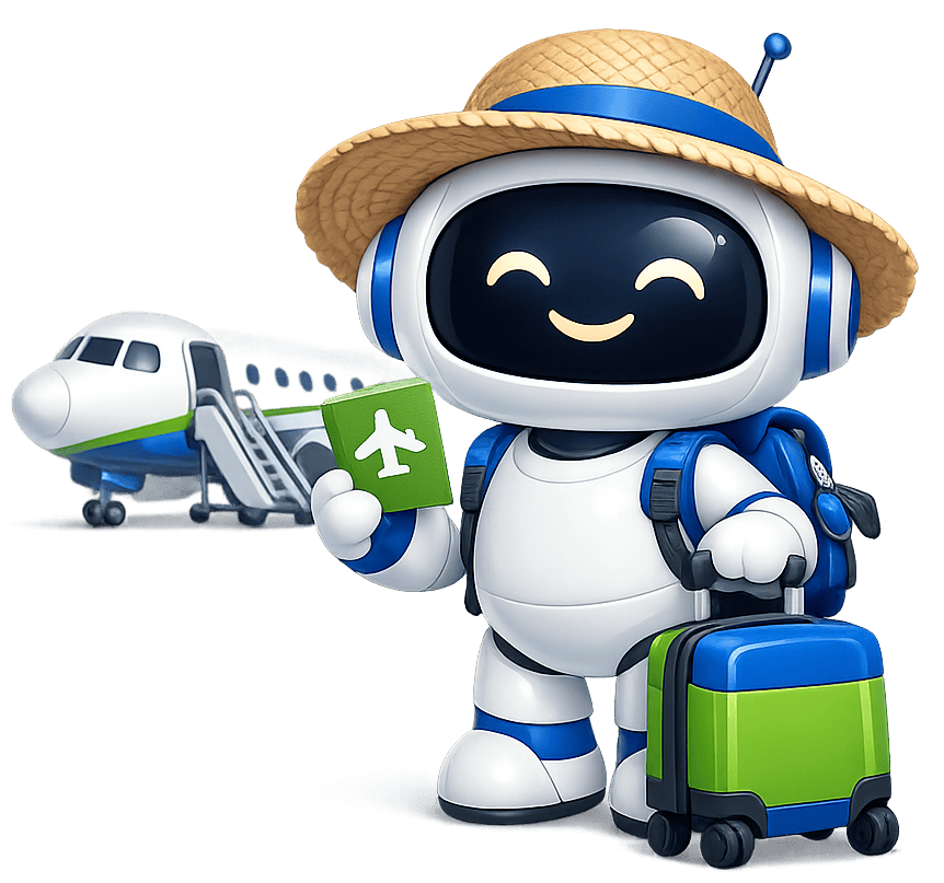 Vrolijke robot met hoed, koffers en vliegtuigticket voor reis.