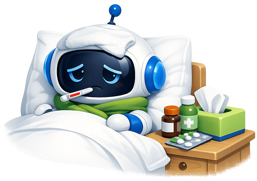 Ziek robot met thermometer in bed, omringd door medicatie en tissues.